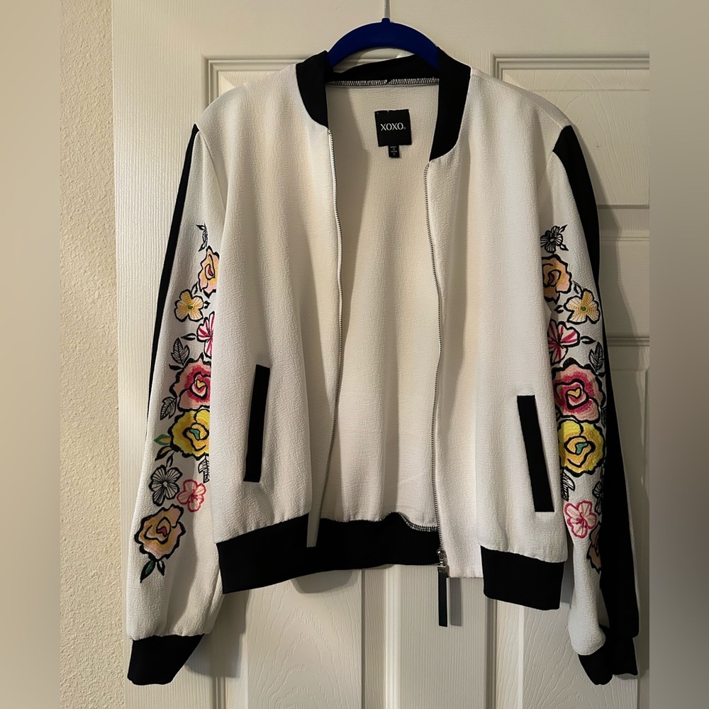 XOXO black and white bomber jacket with floral sleeves and zipper